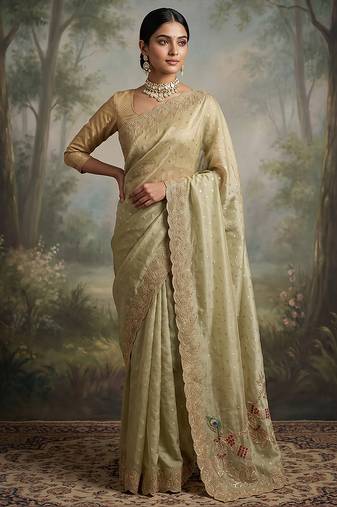 Pista green embroidered butti salsa nylon saree