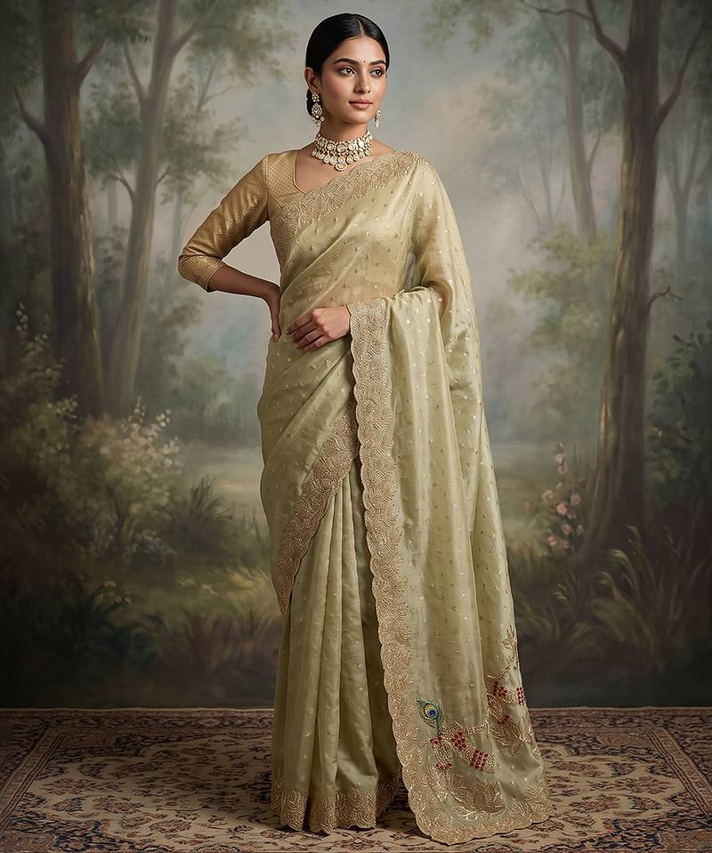 Pista green embroidered butti salsa nylon saree