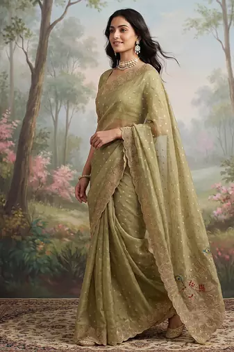 Pista green embroidered butti salsa nylon saree