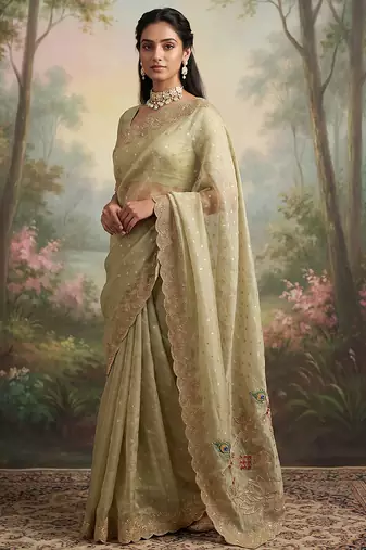 Pista green embroidered butti salsa nylon saree