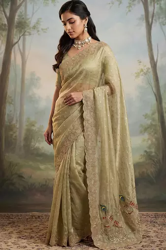 Pista green embroidered butti salsa nylon saree