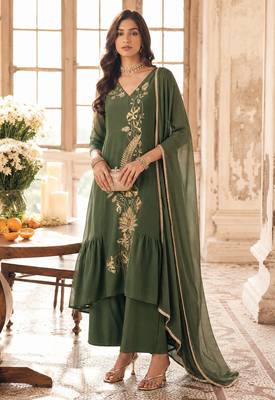 Green mal chanderi heavy thread embroidery with sequins work readymade salwar kameez 1