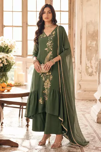 Green mal chanderi heavy thread embroidery with sequins work readymade salwar kameez