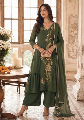 Green mal chanderi heavy thread embroidery with sequins work readymade salwar kameez 2