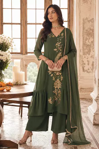 Green mal chanderi heavy thread embroidery with sequins work readymade salwar kameez