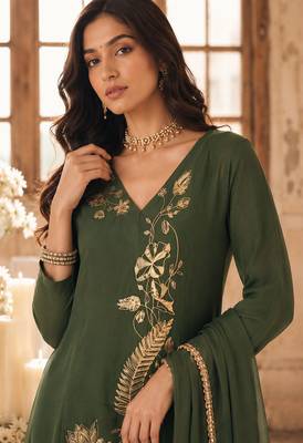 Green mal chanderi heavy thread embroidery with sequins work readymade salwar kameez 3
