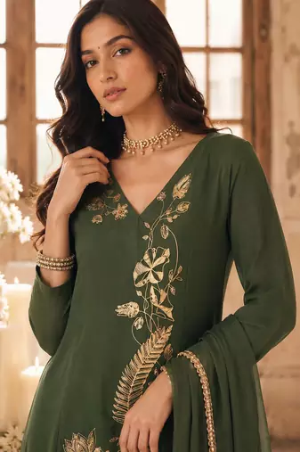 Green mal chanderi heavy thread embroidery with sequins work readymade salwar kameez