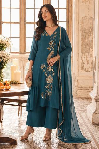 Blue mal chanderi heavy thread embroidery with sequins work readymade salwar kameez