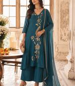 Blue mal chanderi heavy thread embroidery with sequins work readymade salwar kameez