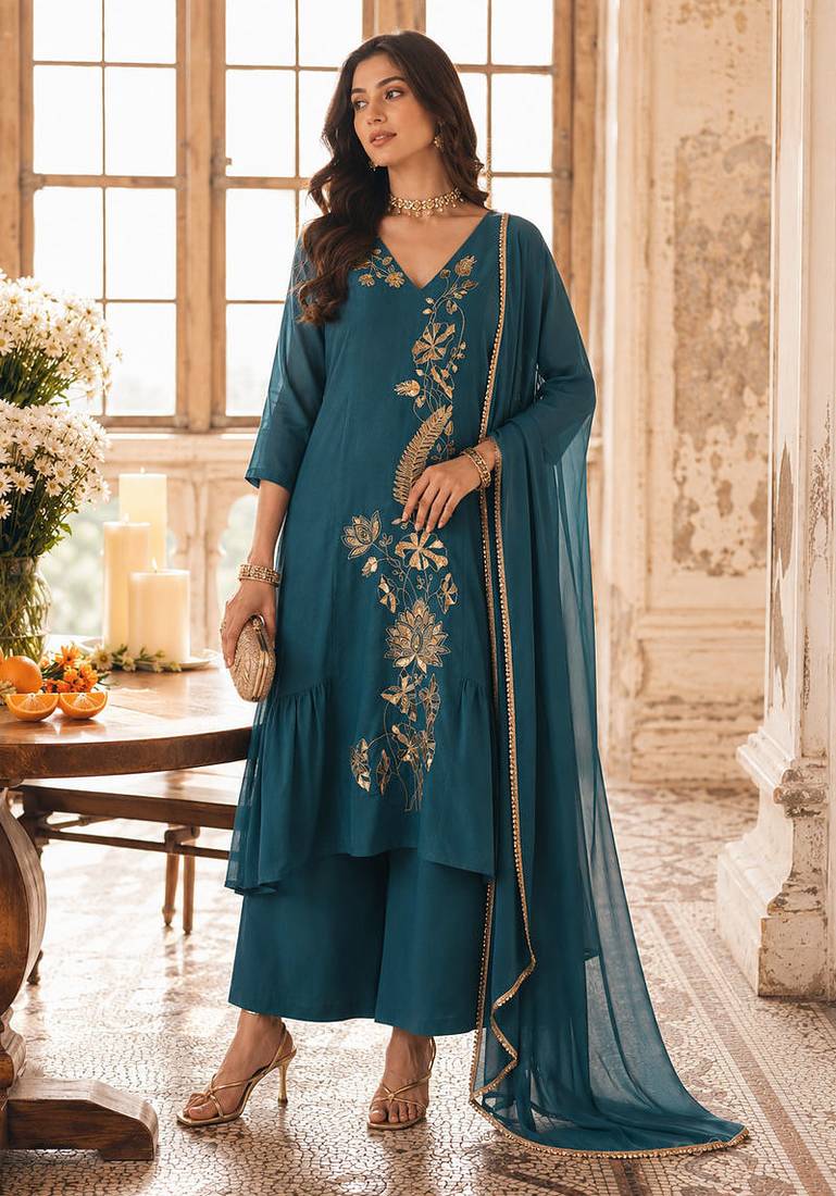 Blue mal chanderi heavy thread embroidery with sequins work readymade salwar kameez