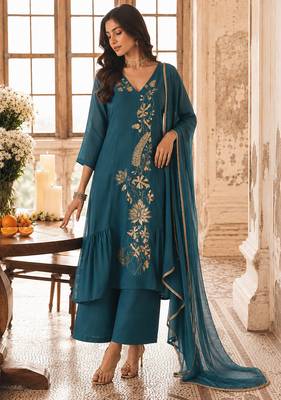 Blue mal chanderi heavy thread embroidery with sequins work readymade salwar kameez 2