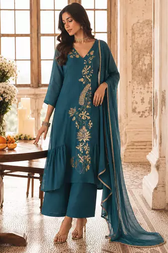 Blue mal chanderi heavy thread embroidery with sequins work readymade salwar kameez