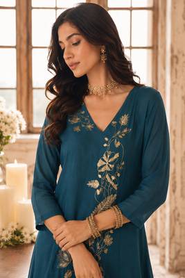Blue mal chanderi heavy thread embroidery with sequins work readymade salwar kameez 3