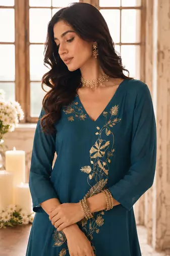 Blue mal chanderi heavy thread embroidery with sequins work readymade salwar kameez