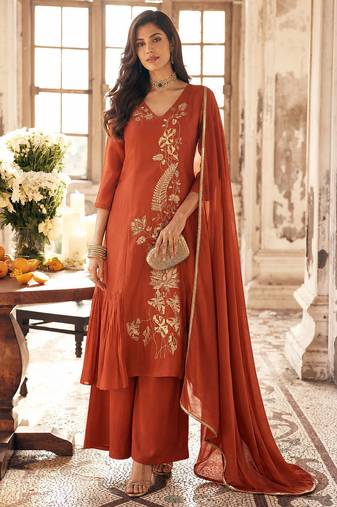 Rust mal chanderi heavy thread embroidery with sequins work readymade salwar kameez