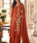 Rust mal chanderi heavy thread embroidery with sequins work readymade salwar kameez