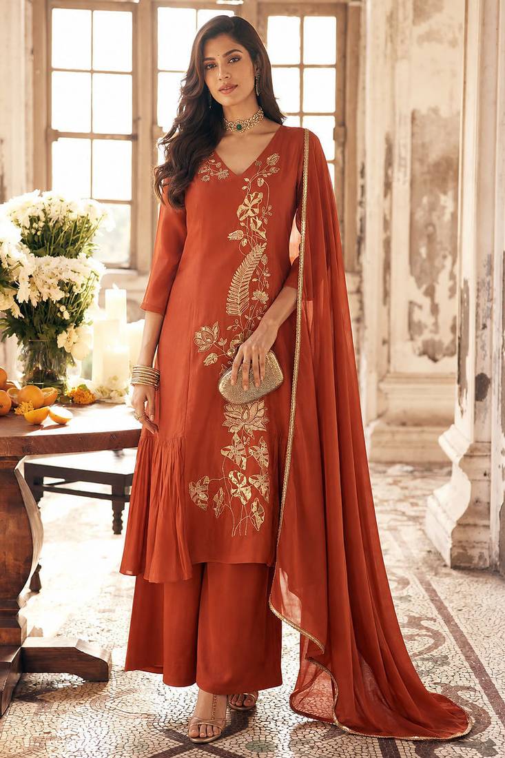 Rust mal chanderi heavy thread embroidery with sequins work readymade salwar kameez