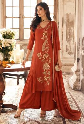 Rust mal chanderi heavy thread embroidery with sequins work readymade salwar kameez 2