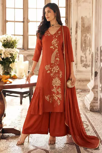 Rust mal chanderi heavy thread embroidery with sequins work readymade salwar kameez
