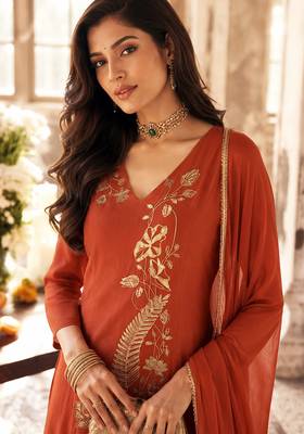 Rust mal chanderi heavy thread embroidery with sequins work readymade salwar kameez 3