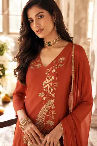 Rust mal chanderi heavy thread embroidery with sequins work readymade salwar kameez