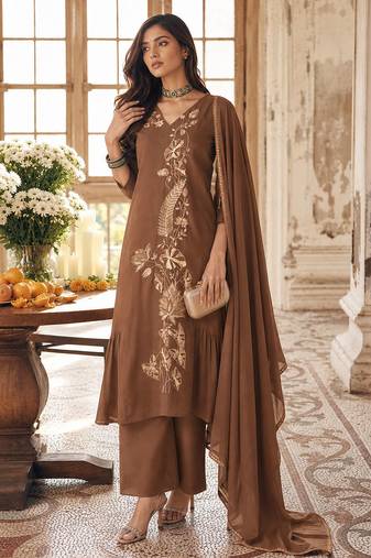 Brown mal chanderi heavy thread embroidery with sequins work readymade salwar kameez