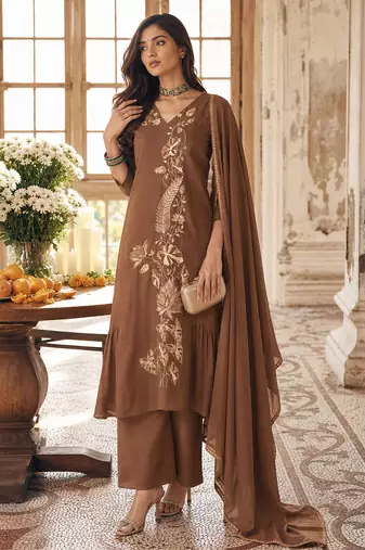 Brown mal chanderi heavy thread embroidery with sequins work readymade salwar kameez
