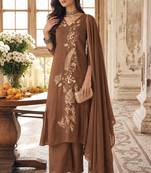 Brown mal chanderi heavy thread embroidery with sequins work readymade salwar kameez