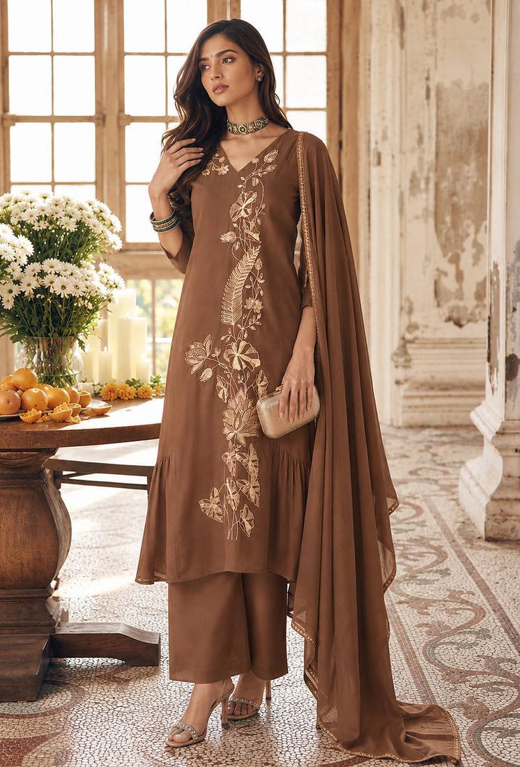 Brown mal chanderi heavy thread embroidery with sequins work readymade salwar kameez