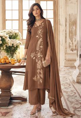 Brown mal chanderi heavy thread embroidery with sequins work readymade salwar kameez 2