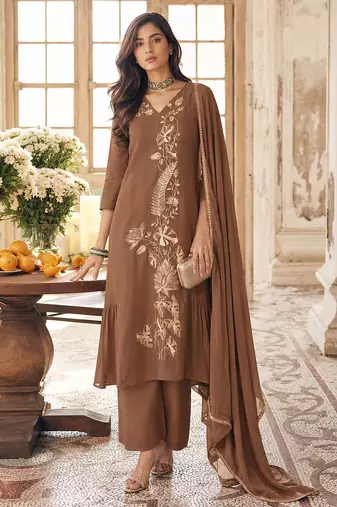 Brown mal chanderi heavy thread embroidery with sequins work readymade salwar kameez