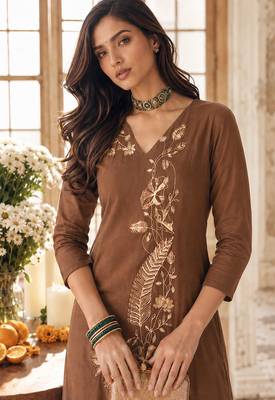 Brown mal chanderi heavy thread embroidery with sequins work readymade salwar kameez 3