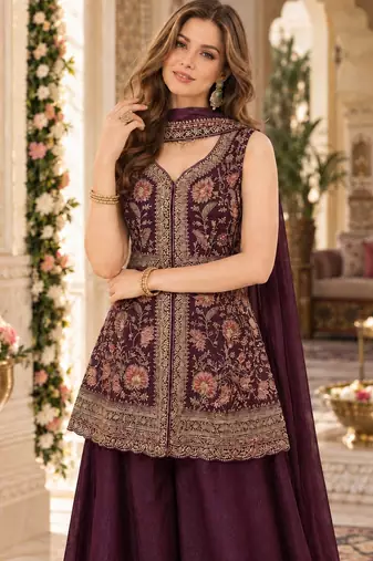 maroon georgette readymade suit with multi embroidery & sequence work