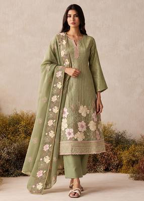 Pista green pure shimmer silk heavy thread embroidery work readymade salwar kameez  1