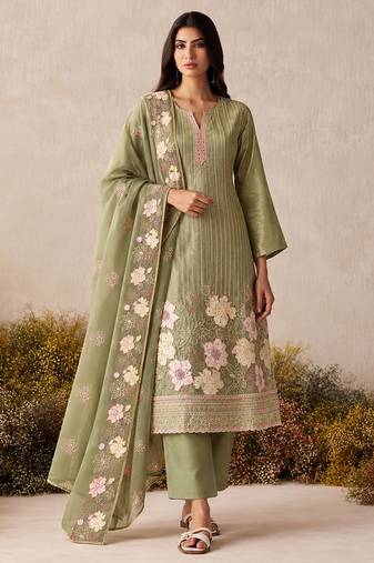 Pista green pure shimmer silk heavy thread embroidery work readymade salwar kameez 