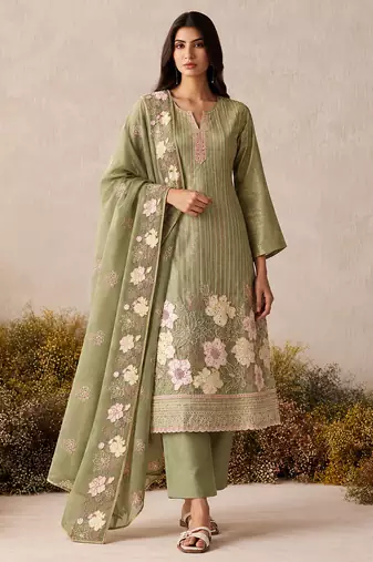 Pista green pure shimmer silk heavy thread embroidery work readymade salwar kameez 