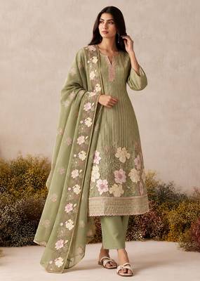 Pista green pure shimmer silk heavy thread embroidery work readymade salwar kameez  2
