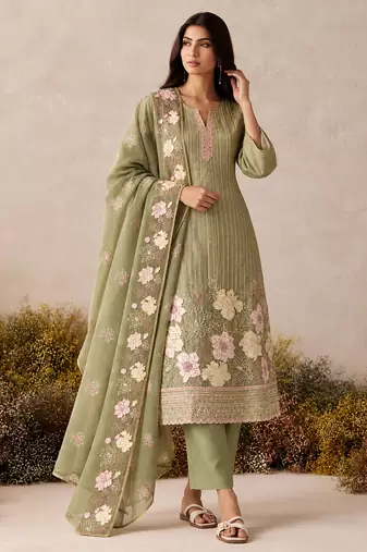 Pista green pure shimmer silk heavy thread embroidery work readymade salwar kameez 