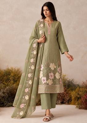 Pista green pure shimmer silk heavy thread embroidery work readymade salwar kameez  3