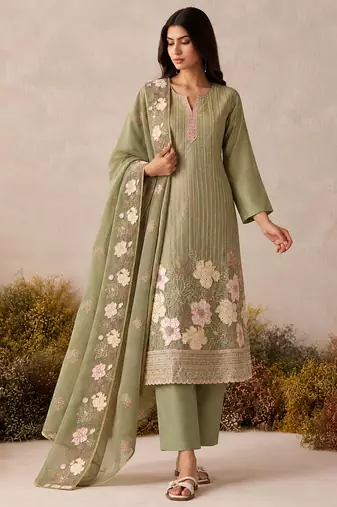Pista green pure shimmer silk heavy thread embroidery work readymade salwar kameez 