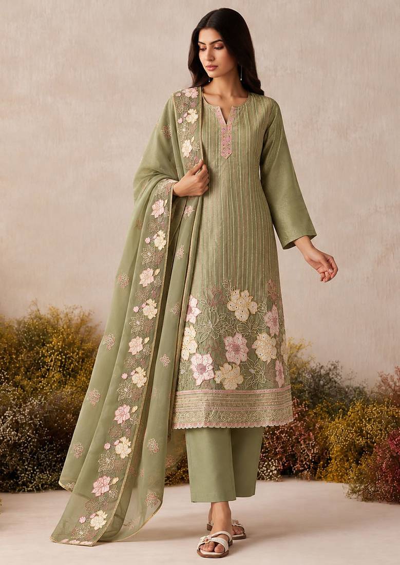 Pista green pure shimmer silk heavy thread embroidery work readymade salwar kameez 