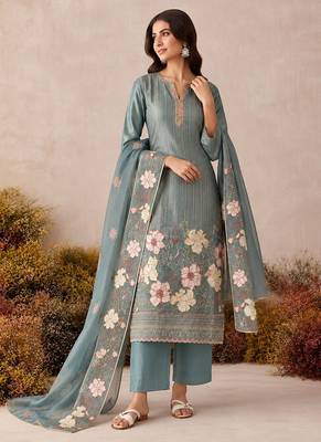 Teal pure shimmer silk heavy thread embroidery work readymade salwar kameez 1