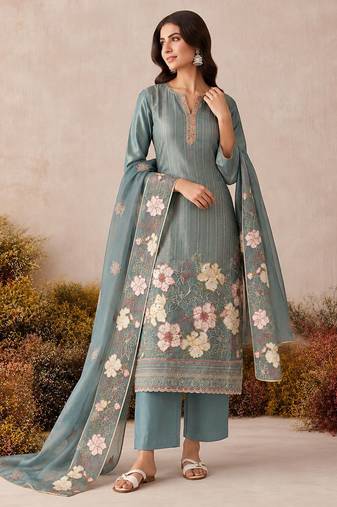 Teal pure shimmer silk heavy thread embroidery work readymade salwar kameez