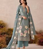 Teal pure shimmer silk heavy thread embroidery work readymade salwar kameez