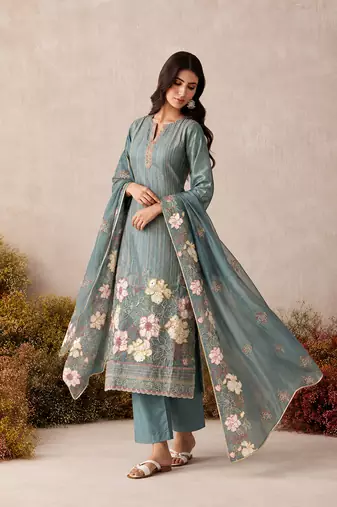 Teal pure shimmer silk heavy thread embroidery work readymade salwar kameez