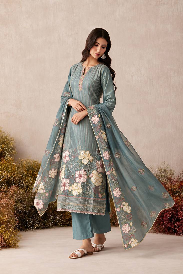 Teal pure shimmer silk heavy thread embroidery work readymade salwar kameez