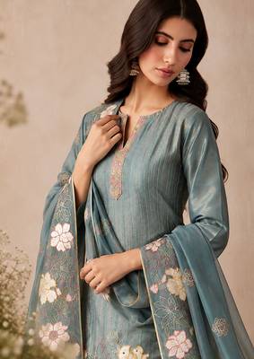 Teal pure shimmer silk heavy thread embroidery work readymade salwar kameez 3