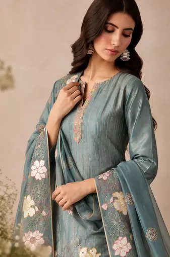 Teal pure shimmer silk heavy thread embroidery work readymade salwar kameez