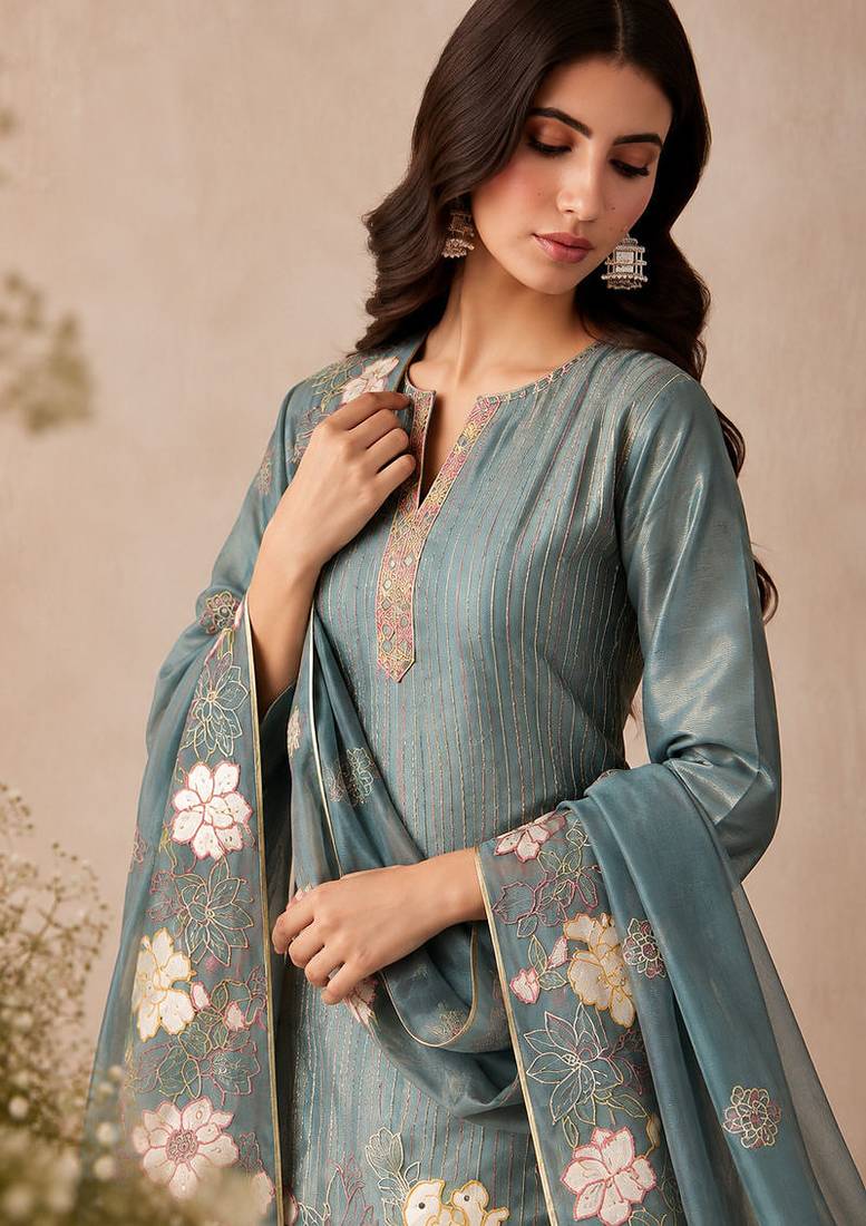 Teal pure shimmer silk heavy thread embroidery work readymade salwar kameez