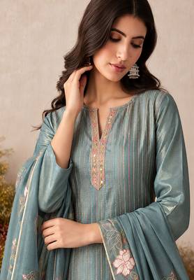 Teal pure shimmer silk heavy thread embroidery work readymade salwar kameez 4